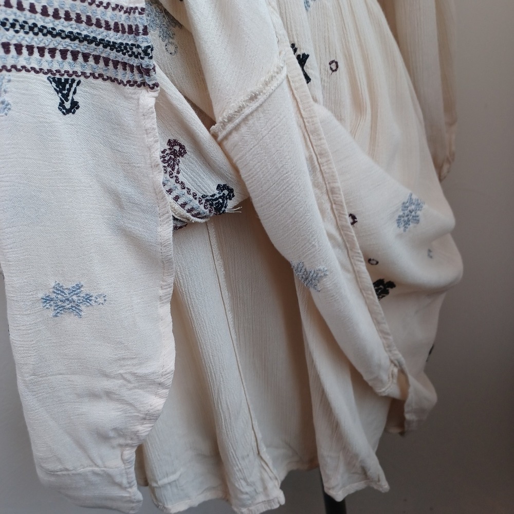 Free People Embroidered Gauze Mini Dress Cream Boho V-Neck Long Sleeve Womens M - Picture 12 of 14